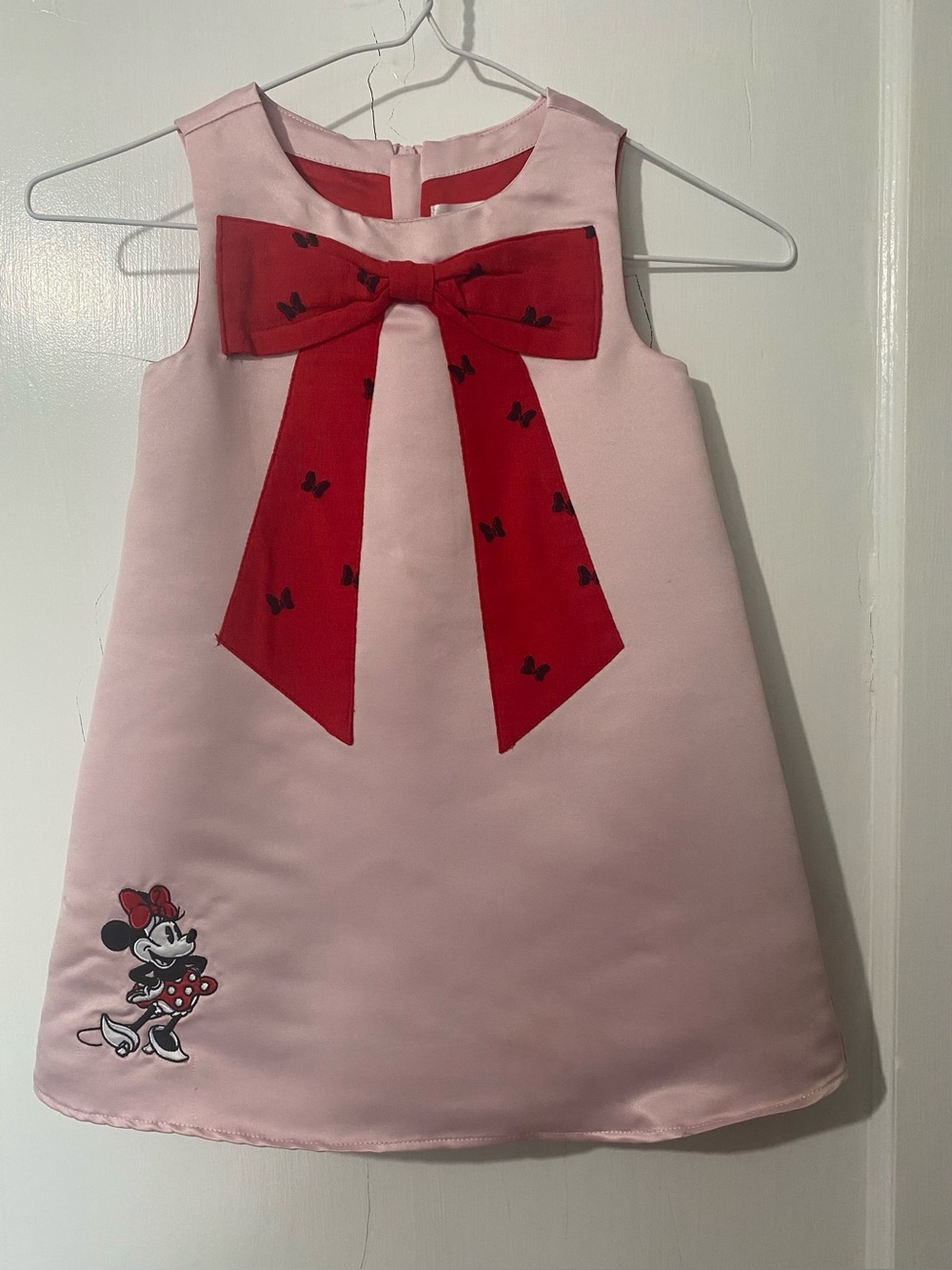 Disney Pink faux satin Dress with Red Bow and Minnie Accent